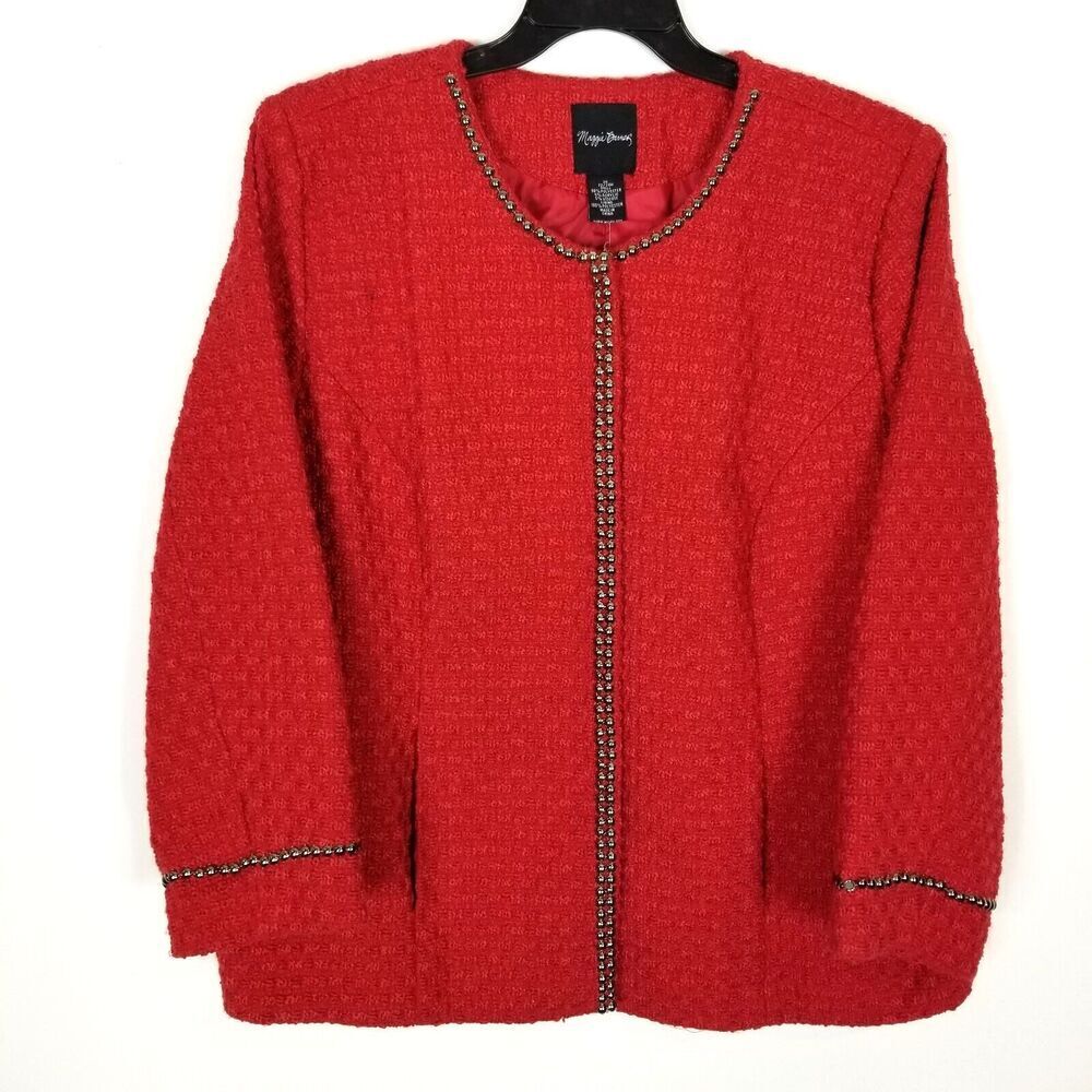 Maggie Barnes Women‎ Plus Zip Up Tweed Blazer Jacket Sz 2X Red Embellished Event